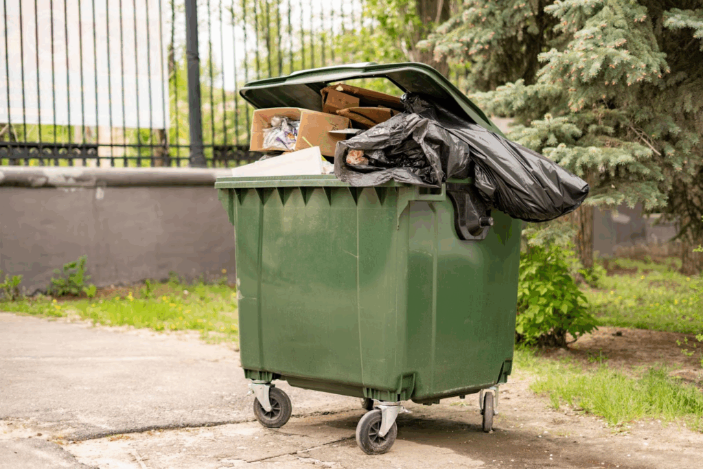 A small green dumpster filled with overflowing trash in a public park.