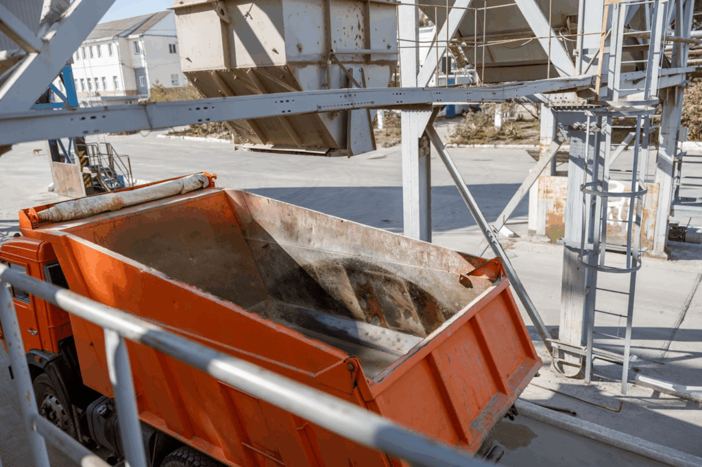 Top Dog roll-off dumpster ready for picking up trash at a large facility with a black Labrador in front