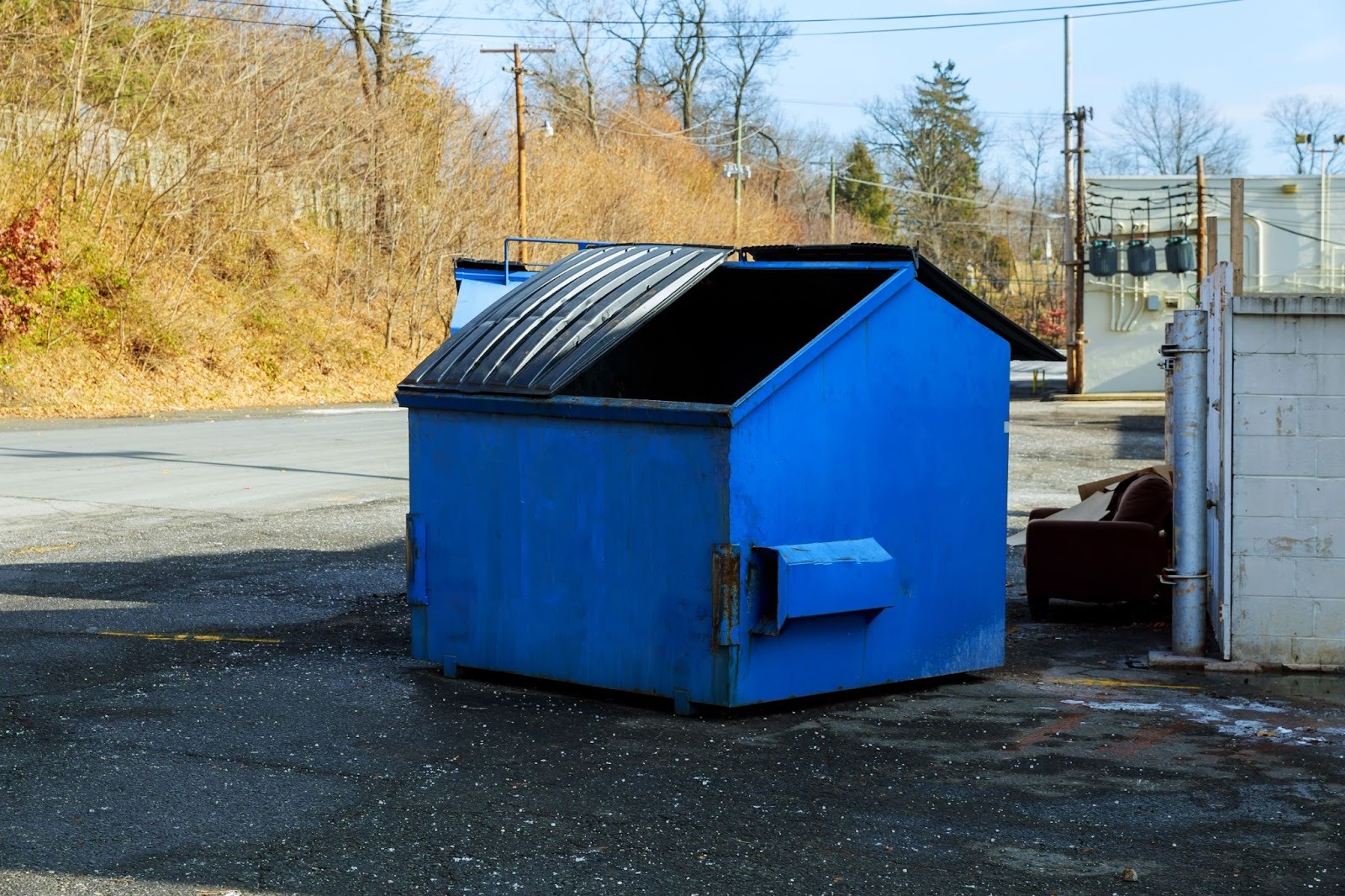 Commercial dumpster next to a road.