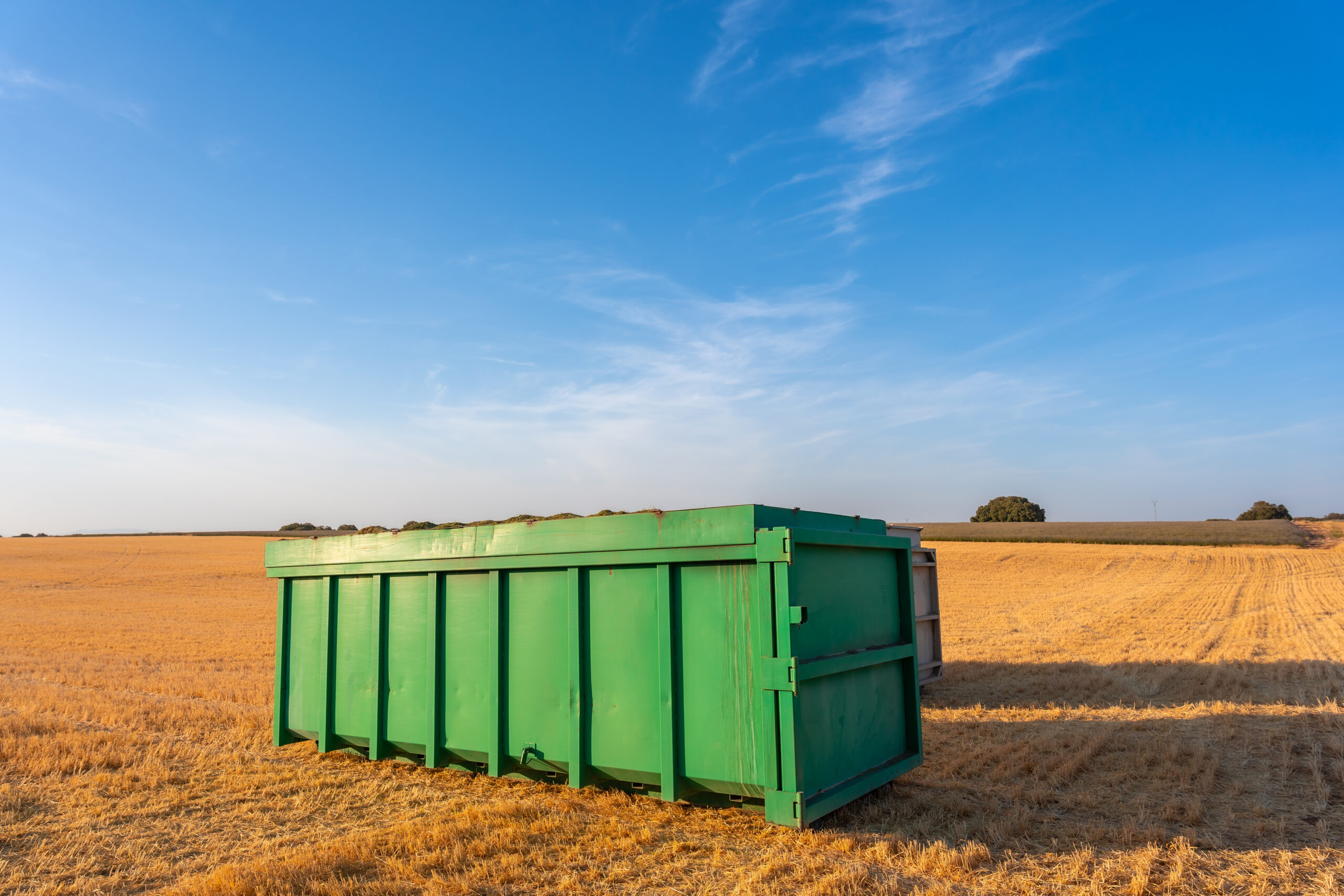 A large green dumpster sits in an open field.
